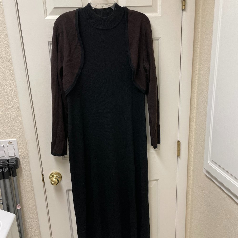 Nina Leonard Black Knit Dress w/ Attached Brown Bolero
